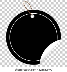 Shinning Black Circle Tag or label with Curl Effect and hanging rope, at transparent effect background
