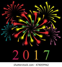 Shinning Colorful Starry Fireworks on Black. New Year 2017. Vector Illustration.