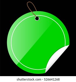 Shinning Green Circle Tag or label with Curl Effect and hanging rope, at Black Background