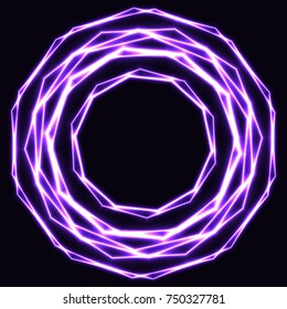 Shinning laser violet magic circles. Dark background with neon purple glow rings with empty centre - place for text
