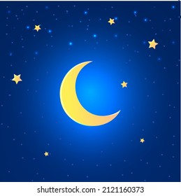 Shinny crescent moon and stars on blue sky. Starry night background with crescent moon vector illustrator.