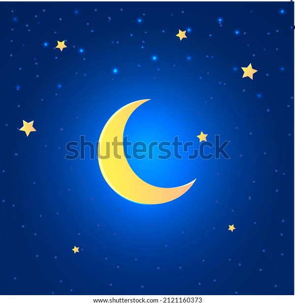 Shinny crescent moon\
and stars on blue sky. Starry night background with crescent moon\
vector illustrator.