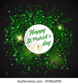 Shinny greeting card design with Happy St. Patrick's Day lettering background with glitter and confetti