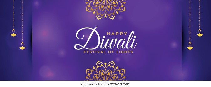 shinny happy diwali banner with golden indian style in purple background 