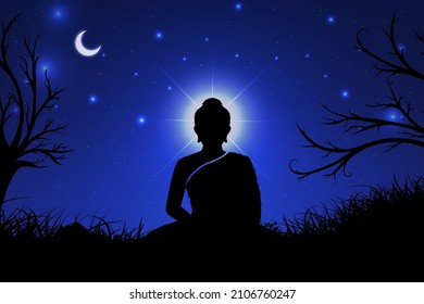 Shinny Lord Buddha with starry night background. Vesak day design with star, Crescent moon and silhouette buddha.