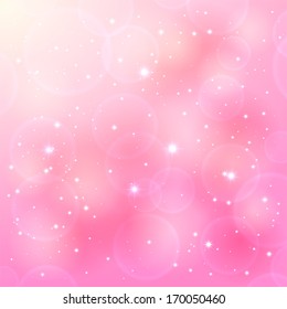 Shinny pink background with stars and blurry lights, illustration.