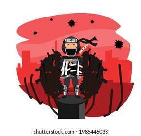 A shinobi kills virus with his root jutsu, within background of city in the pandemic situation.