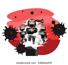 A Shinobi kills virus with his shadow clone jutsu, within background of city in the pandemic situation.