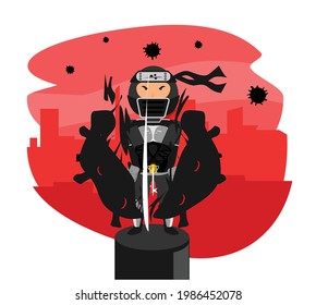 A shinobi kills virus with his sharp katana blade, within background of the city in pandemic situation.