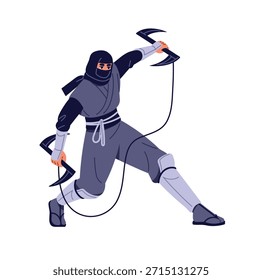 Shinobi, Ninja in costume attacks with two kusarigamas in fight. Samurai in mask with sickle on chain. Ancient Japanese fighter, warrior holds blade, weapon. Flat isolated vector illustration on white