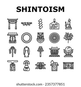 shinto japan japanese temple icons set vector. asia, asian torii, shintoism hiroshima, miyajima itsukushima, architecture travel shinto japan japanese temple black contour illustrations