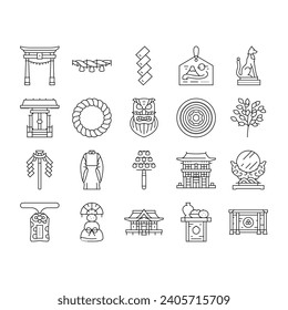 shinto japan japanese temple icons set vector. asia, asian torii, shintoism hiroshima, miyajima itsukushima, architecture travel shinto japan japanese temple black contour illustrations