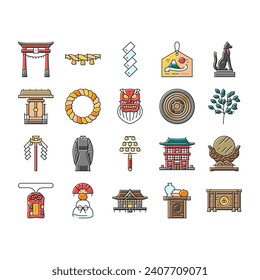 shinto japan japanese temple icons set vector. asia, asian torii, shintoism hiroshima, miyajima itsukushima, architecture travel shinto japan japanese temple color line illustrations