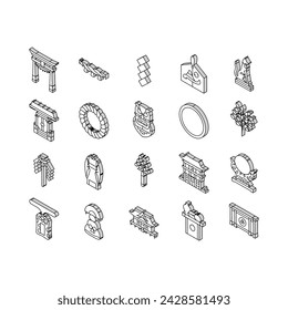 shinto japan japanese temple isometric icons set. asia, asian torii, shintoism hiroshima, miyajima itsukushima, architecture travel shinto japan japanese temple color line