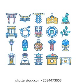 shinto japão santuário viagem doodle ícones definir vetor. esboço linha arte templo adoração, arquitetura ásia, religião religiosa, sintoísmo fé, japão shinto santuário viagem cor ilustrações