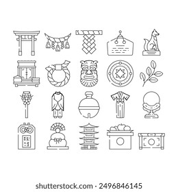 shinto japan shrine travel icons set vector. temple worship, asia architecture, religion religious, faith sintoism, japanese shinto japan shrine travel black contour illustrations