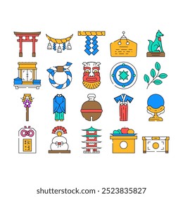 shinto japan schrein reise symbole satz vektor. Tempelanbetung, asiatische Architektur, Religion, Religion, Glaube sintoism, japanischer shinto japan Schrein Reise Farbe Kontur Illustrationen