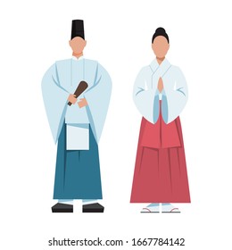 Shinto Priest. Japanese religion. Traditional religious male and female figure. Flat vector illustration