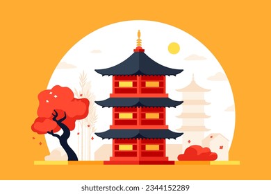 Shinto shrine at sunrise - modern colored vector illustration with multi-storey wooden temple against the solar circle. Flowering sakura trees. Traditions of Japan and countries of the world idea