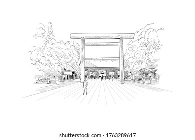 Shinto shrine. Tokyo, Japan. Hand drawn sketch.  Vector illustration.