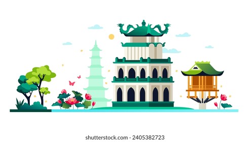 Shinto shrines in Vietnam - modern colored vector illustration with majestic buildings of antiquity surrounded by the beauties of nature - blooming lotuses, water surface and trees. Welcome to Asia