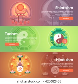 Shintoism. Japanese religion. Taoism. Hinduism. Buddhist culture. Tao principles. Religion and confessions banners set. Vector design concept.