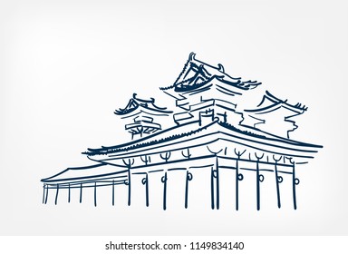 shintoism temple vector sketch illustration japanese chinese oriental line art design elements 