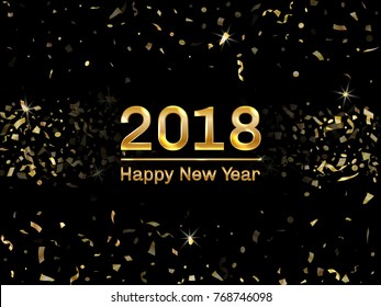 Shiny 2018 Happy New Year card with gold flying confetti and streamers. Foil texture gold glitter confetti tinsels flying, Happy 2018 New Year text greeting card, party invitation graphic design.