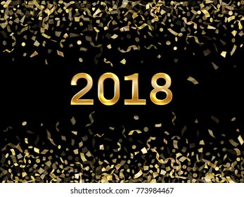 Shiny 2018 New Year card with gold falling confetti and streamers. Foil texture gold glitter confetti tinsels falling background, 2018 greeting card, placard or party invitation graphic design.