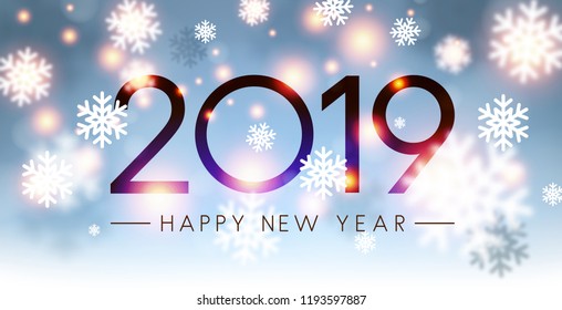 Shiny 2019 Happy New Year card with blurred snowflakes. Vector background.