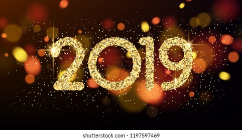 Shiny 2019 Happy New Year greeting poster. Vector background.