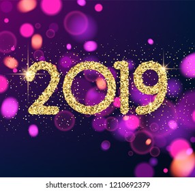 Shiny 2019 Happy New Year greeting card. Vector background.
