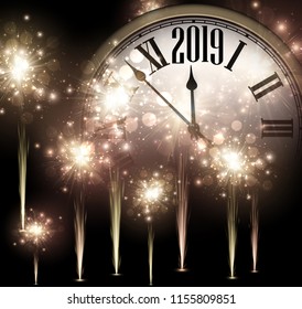 Shiny 2019 New Year background with clock and gold fireworks. Beautiful Christmas greeting card. Vector illustration.
