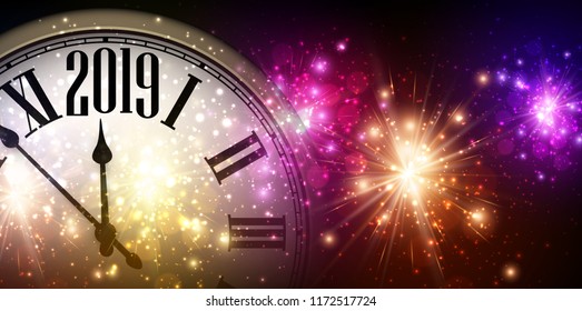 Shiny 2019 New Year background with clock and colorful fireworks. Vector illustration.