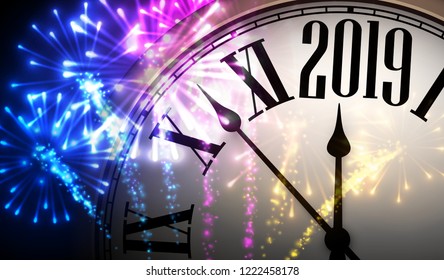 Shiny 2019 New Year background with clock and colorful fireworks. Vector illustration.
