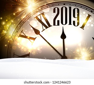 Espléndida historia de Año Nuevo 2019 con reloj y nieve. Ilustración vectorial.