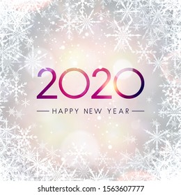 Brillante tarjeta de felicitación de Año Nuevo Feliz 2020 con hermosos copos de nieve. Fondo vectorial.