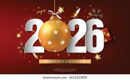 Shiny 2026 New Year's Celebration Design with Golden Christmas Ball Ornament and Decorative Elements for Festive Season