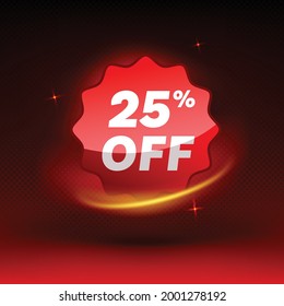 Shiny 25% off discount promotion badge, clearance sale sticker emblem, bargain red sign rosette design on red background. Sale tag vector for labels, stickers, banners or web stickers