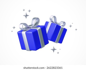 Shiny 3d Blue Gift Boxes with Silver Ribbons, bow and Sparkling Stars – Festive Vector Illustration