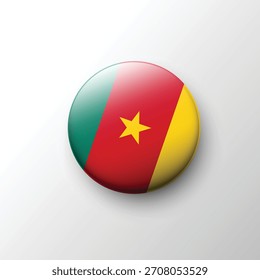 Um brilhante botão 3D da bandeira de Camarões mostrando suas listras verticais verde, vermelha e amarela com uma estrela amarela centralizada.
