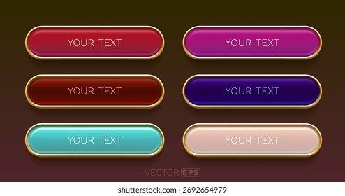 Botones 3D brillantes con borde dorado y texto de marcador de posición, una colección vibrante de Elementos de Web para varios diseños. Ilustración vectorial