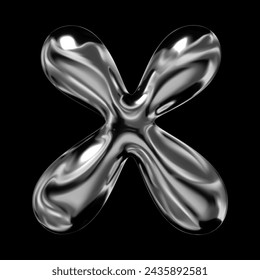 Shiny 3D chrome letter X, retro futuristic balloon bubble style , liquid metal effect with reflective gloss, isolated volumetric rendering, Y2K vector for modern design