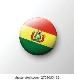 A shiny 3D circular button depicting the Bolivia flag with its red, yellow, and green stripes and national emblem. Ideal for cultural, educational, and global projects.
