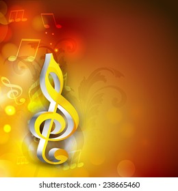 Shiny 3d g-clef with musical notes on stylish background.