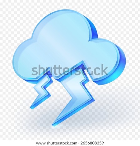 Shiny 3D glass style icon of a thunderstorm cloud with lightning bolts, perfect for weather apps, forecasts, or UI designs. Vector illustration.