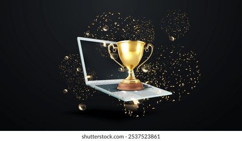 Uma brilhante taça de troféu dourado 3d aparece emergindo de um laptop aberto, cercado por confetes dourados flutuantes em um fundo escuro, simbolizando conquista digital, sucesso e celebração. Vetor