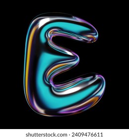 Shiny 3d letter E in holographic balloon bubble style. Metallic surface with reflective gloss. Isolated volumetric rendering, y2k retro futuristic vector for modern design svg