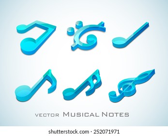 Shiny 3D musical notes in blue on sky blue background.