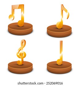 Shiny 3D musical notes on wooden stage.